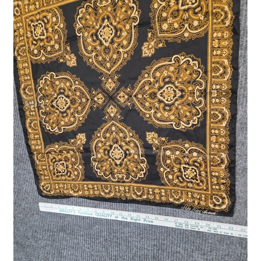 Vtg Saks Fifth Avenue Silk Scarf Made In Italy Gold Black Baroque Design 24x24